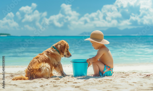 Wallpaper Mural Cute Toddler and Dog Enjoying Sand Beach by Sea Torontodigital.ca