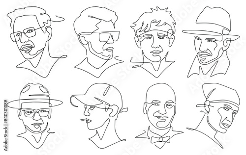 Collection of Continuous Line Male Faces, Modern Minimalistic Vector Illustrations, Handsome Man Line Art