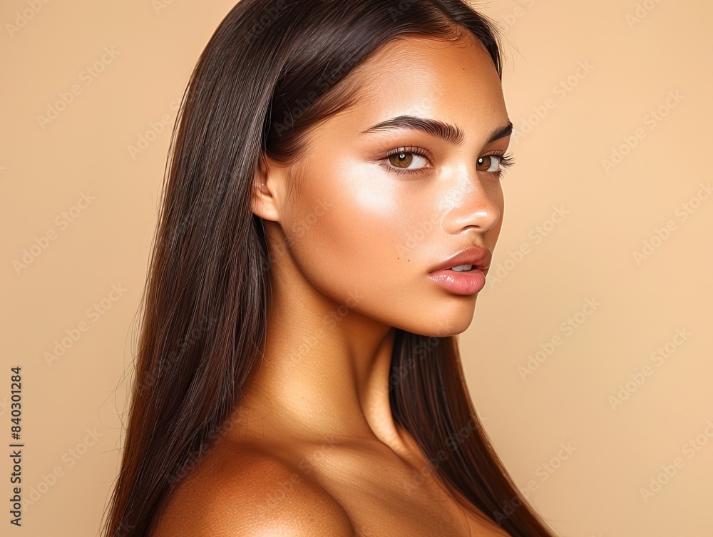 Shiny Hair Beauty Woman. Young Model Showing Glossy Silky Hairstyle. Fashion Girl Portrait with Natural Make up and Hairdo over Beige Background Shiny Hair Beauty Woman. Young Model Showing Glossy Silky Hairstyle. Fashion Girl Portrait with Natural Make up and Hairdo over Beige Background