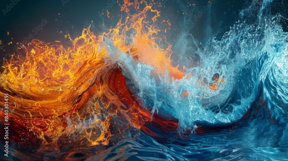 3D illustration of waves swirling with fire and water in the concept of science technology 3D illustration of waves swirling with fire and water in the concept of science technology
