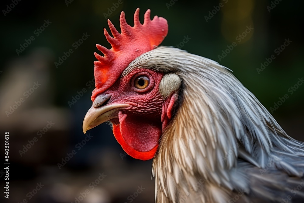 Close-up of a colorful roosters head in profile, detailed side view on natural background