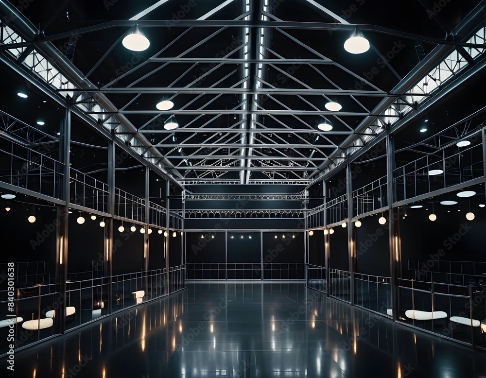 A dark exhibition hall illuminated by soft lights, highlighting the intricate metal framework and creating a mysterious, yet inviting atmosphere. A dark exhibition hall illuminated by soft lights, highlighting the intricate metal framework and creating a mysterious, yet inviting atmosphere.