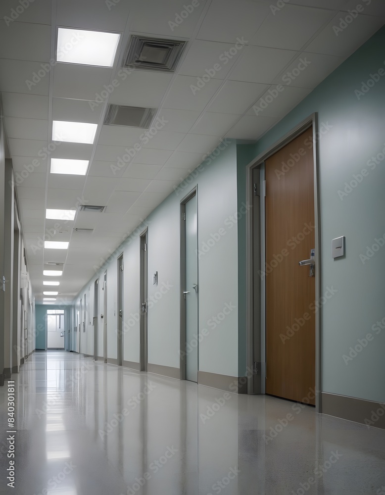 Bright and modern hospital corridor with glass doors, reflective floors, and clean, minimalist design, offering a sterile and organized environment. Bright and modern hospital corridor with glass doors, reflective floors, and clean, minimalist design, offering a sterile and organized environment.