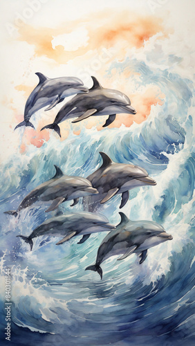 Watercolor painting: A pod of dolphins leaping gracefully through the waves, their playful antics delighting all who witness them,