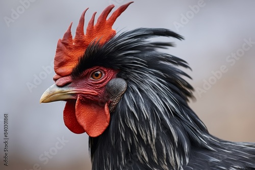 Close-up detailed shot of colorful roosters head in profile view  vibrant and detailed image