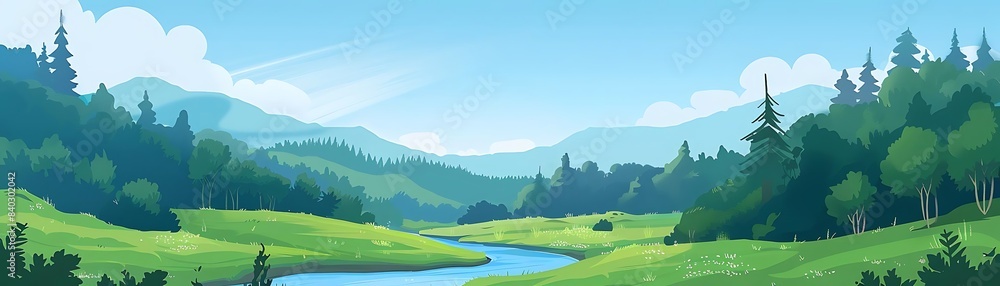 a serene river flows through a lush forest, surrounded by towering green trees and under a clear blue sky a serene river flows through a lush forest, surrounded by towering green trees and under a clear blue sky