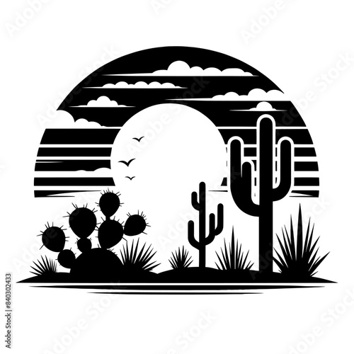 Desert landscape with cactus silhouette clip art. vector illustration