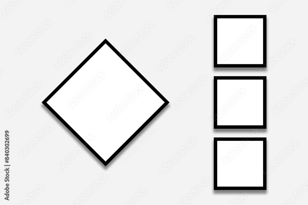 4 Blank white square photo frames with black borders in a creative modern layout. Used as a printable photo collage template for album pictures or photographs collection in a gallery wall style. 4 Blank white square photo frames with black borders in a creative modern layout. Used as a printable photo collage template for album pictures or photographs collection in a gallery wall style.