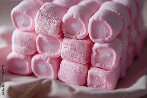 pink marshmallows , A stack of fluffy pink marshmallows arranged artfully, showcasing their soft and pillowy texture. The marshmallows are perfectly aligned, creating a visually appealing composition 