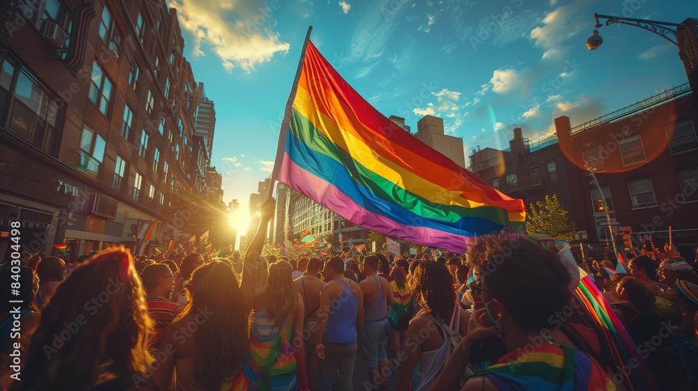 Urban Pride Parade with Rainbow Flag. People at an urban pride parade, holding a large rainbow flag, celebrating LGBTQ pride and diversity. Urban Pride Parade with Rainbow Flag. People at an urban pride parade, holding a large rainbow flag, celebrating LGBTQ pride and diversity.