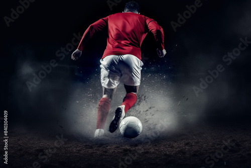 Football player runs ball back action. A football player in action, running with the ball, in a smoky and dark environment, conveying a sense of epic action and wearing a red uniform