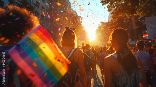 Sunlit Pride Parade with Confetti. Participants at a pride parade under the sun, with confetti in the air, celebrating LGBTQ pride and diversity. photo