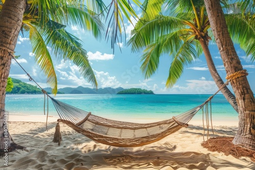 Hammock between two palm trees on a tropical beach