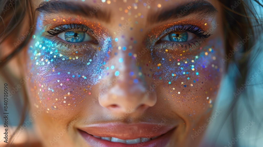 Sparkly Makeup at Pride Festival. Close-up of a woman's face with sparkly, colorful makeup, celebrating at a pride festival, showing joy and artistic expression. Sparkly Makeup at Pride Festival. Close-up of a woman's face with sparkly, colorful makeup, celebrating at a pride festival, showing joy and artistic expression.