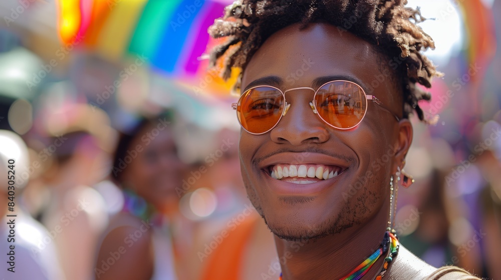 Smiling Man with Rainbow Flags at Pride. Smiling man with sunglasses and a rainbow necklace at a pride parade, surrounded by colorful flags and festive atmosphere. Smiling Man with Rainbow Flags at Pride. Smiling man with sunglasses and a rainbow necklace at a pride parade, surrounded by colorful flags and festive atmosphere.