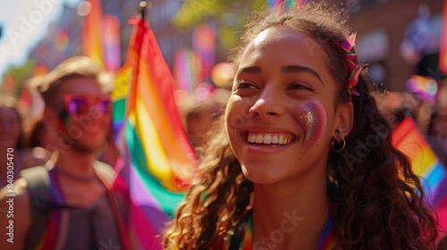Smiling Woman with Glitter at Pride Parade. Smiling woman with glitter on her face  enjoying the vibrant atmosphere at a pride parade  surrounded by rainbow flags.
