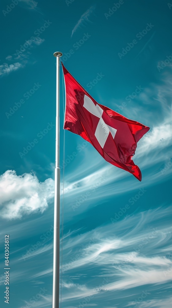 Denmark flag on a flagpole against a blue sky Denmark flag on a flagpole against a blue sky