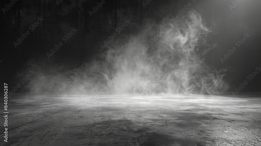 Abstract image of dark room concrete floor. Black room or stage background for product placement.Panoramic view of the abstract fog. White cloudiness, mist or smog moves on black background Abstract image of dark room concrete floor. Black room or stage background for product placement.Panoramic view of the abstract fog. White cloudiness, mist or smog moves on black background