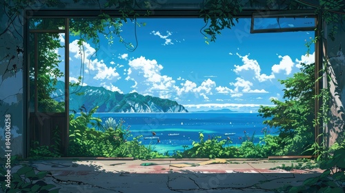 a serene coastal view captured through a window  featuring a white cloud floating in a blue sky above a lush green tree