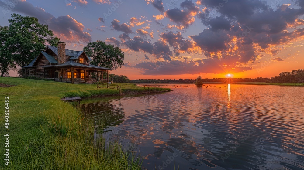A Rustic Cabin Nestled on the Edge of a Tranquil Lake at Sunset. Generative AI A Rustic Cabin Nestled on the Edge of a Tranquil Lake at Sunset. Generative AI