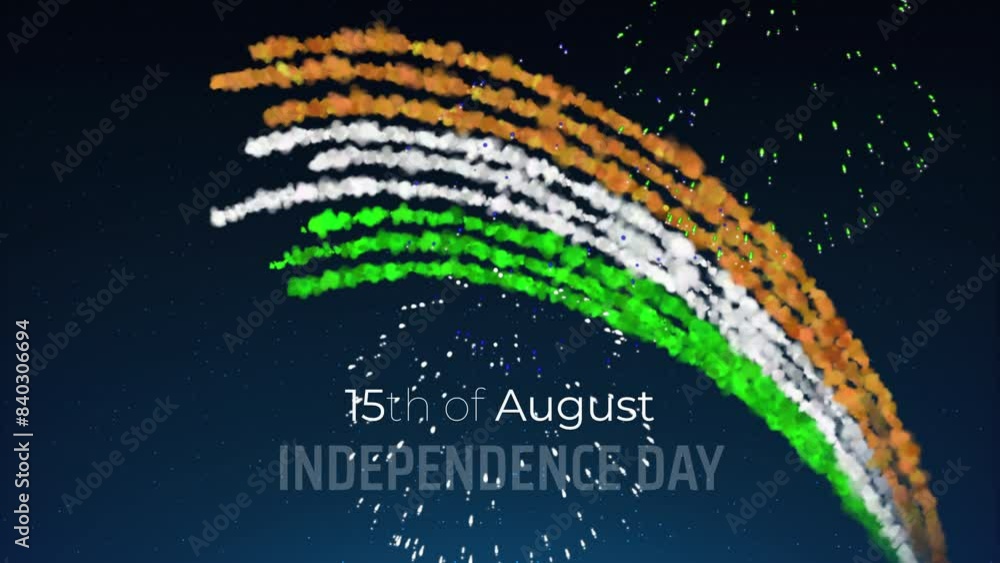 15th of august, india independence day, indian colorful fireworks flag on blue night sky background. India national holiday august 15. Animated cartoon greeting card for independence day