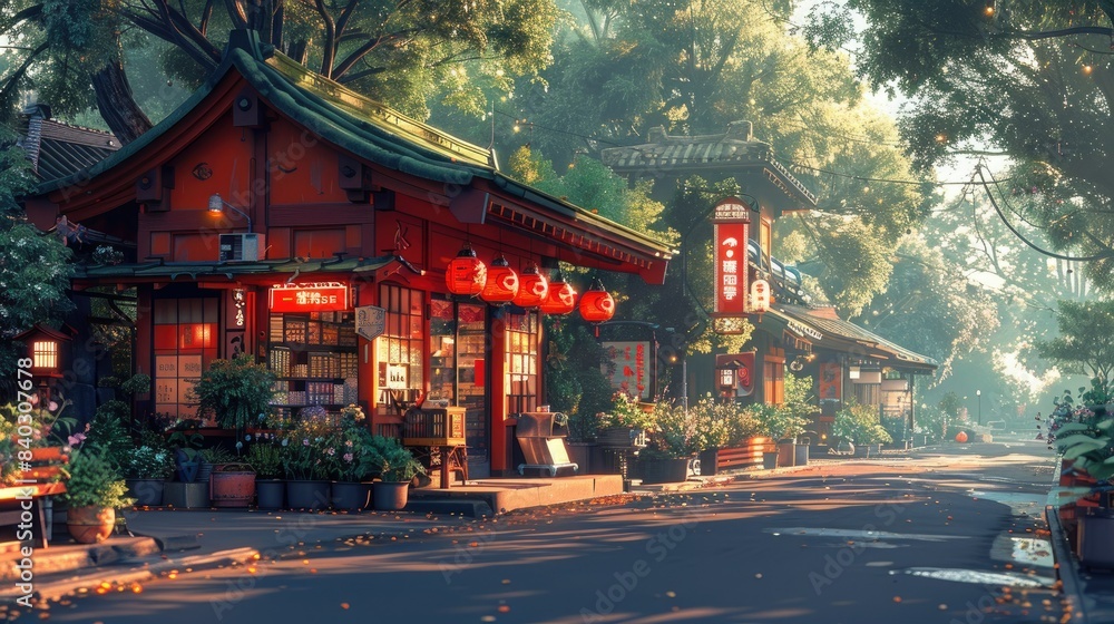 a red building stands tall amidst a lush green landscape, with a large tree and potted plant in the foreground a red sign and lantern add a pop of color to the scene a red building stands tall amidst a lush green landscape, with a large tree and potted plant in the foreground a red sign and lantern add a pop of color to the scene