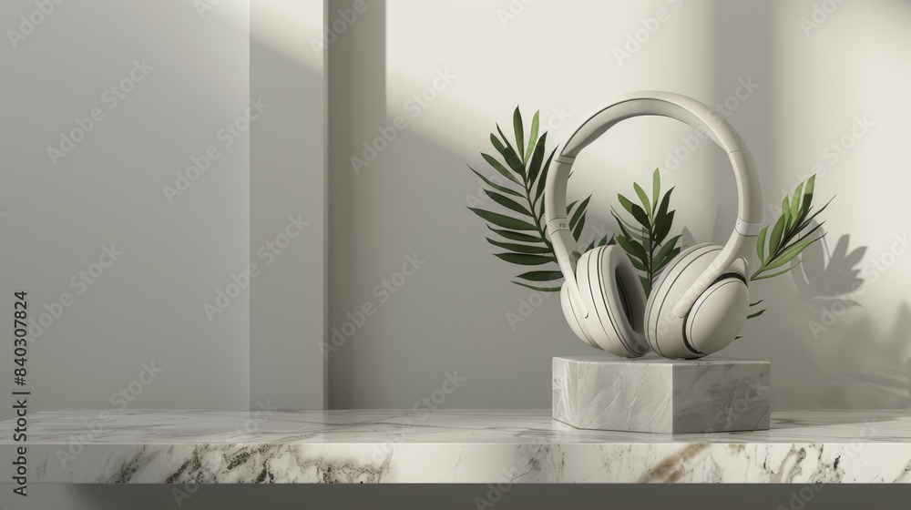 Modern Noisecanceling Headphones on Luxe Marble Stand with Chic Succulent Decor Minimalist Tech Accessory for Premium Audio Experience Modern Noisecanceling Headphones on Luxe Marble Stand with Chic Succulent Decor Minimalist Tech Accessory for Premium Audio Experience