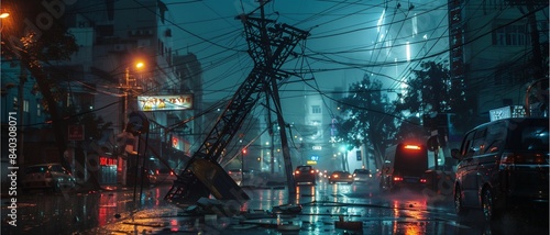 Electrical poles toppled because of a raging storm. Heavy rain in the city at night