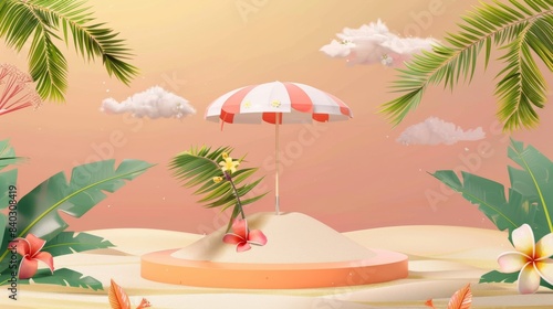 Summer podium display pile of sand flowers coconut tree beach umbrella beach chair poster flyer design on cloud and sand beach background EPS 10 vector illustration  Premium podium minimal with summer