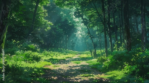 a serene forest path surrounded by lush green trees © Siasart Studio