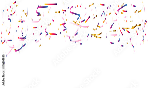 Red, pink, golden and colorful confetti glitter and zigzag ribbon falling down on transparent background. Shiny glittering, zigzag ribbon background. Vector illustration.