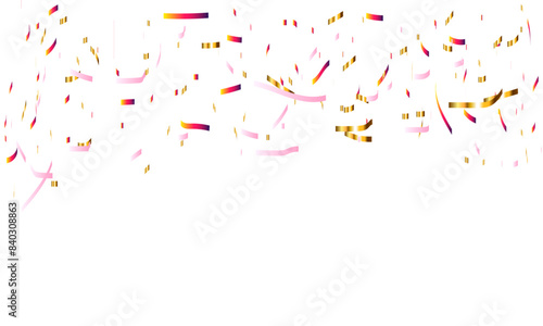 Red, pink, golden and colorful confetti glitter and zigzag ribbon falling down on transparent background. Shiny glittering, zigzag ribbon background. Vector illustration.