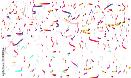 Red, pink, golden and colorful confetti glitter and zigzag ribbon falling down on transparent background. Shiny glittering, zigzag ribbon background. Vector illustration.