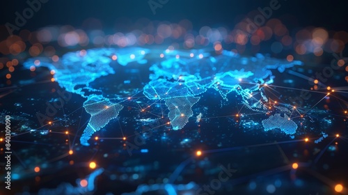 abstract design of network technology world map with lights and arrows, in the style of motion blur panorama, flat backgrounds, luminous seascapes, 32k uhd, stockphoto, dark sky-blue and dark black  photo