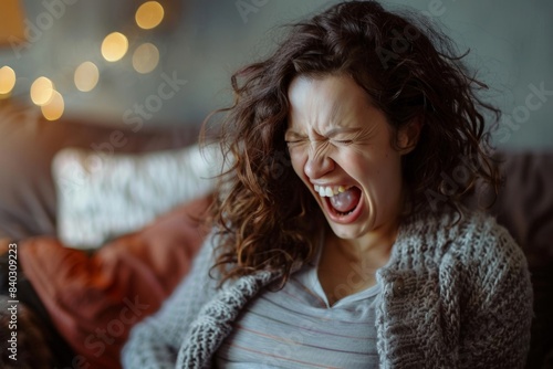 Emotionally upset screaming pregnant woman at home