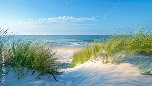 Wallpaper Mural Serene sandy beach with sea, sky, and grass dunes Torontodigital.ca