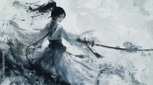 tow anime illustration of a Chinese chivalrous woman holding a sword, in the style of ethereal brushstrokes, ink painting, dark white and dark gray, fluid formation 