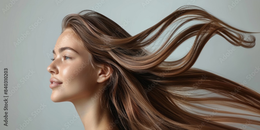 Beautiful brunette woman with long hair on a gray background Beautiful brunette woman with long hair on a gray background