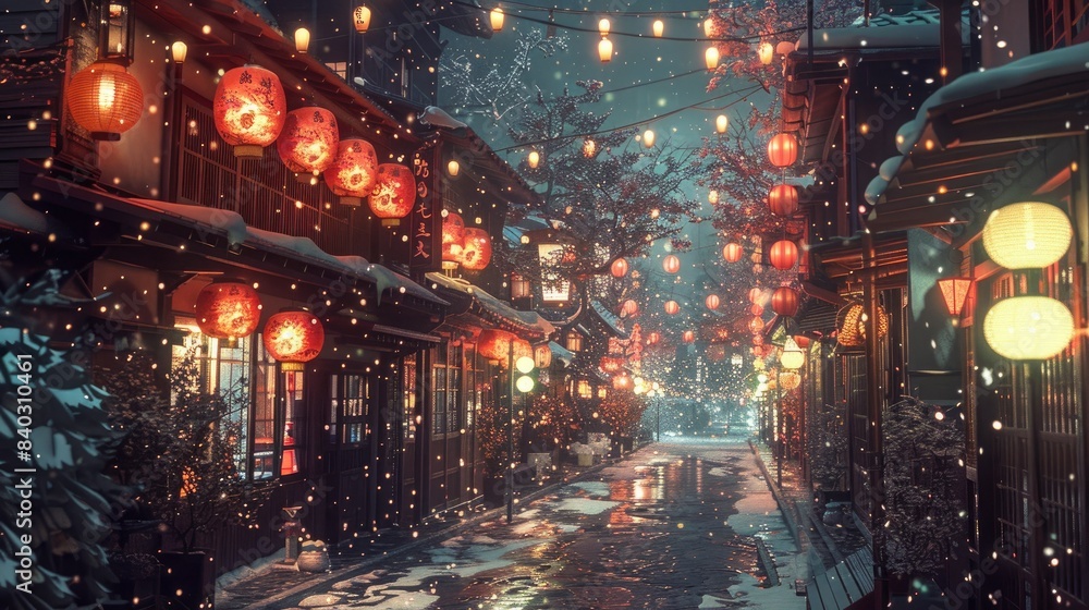 a festive city street illuminated by lanterns, featuring a building and a red lantern in the foreground a festive city street illuminated by lanterns, featuring a building and a red lantern in the foreground