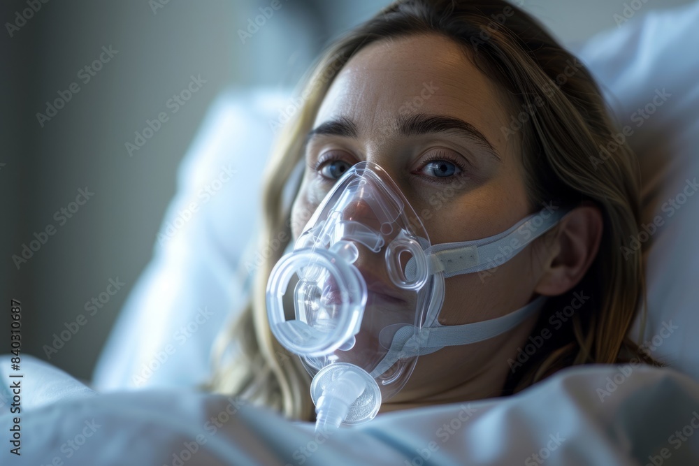 Young woman with oxygen mask in hospital room Young woman with oxygen mask in hospital room