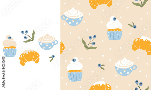 Cute breakfast cartoon collection print and seamless pattern with croissant, coffee, cupcake with blueberry. Hand drawn trendy simple illustration in summer palette. Morning vibe