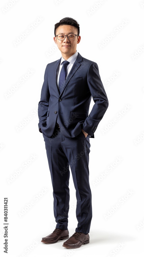 full-length portrait of a chinese man in a tailored suit, standing confidently, solid stark white background, focused studio lighting highlighting sharp details full-length portrait of a chinese man in a tailored suit, standing confidently, solid stark white background, focused studio lighting highlighting sharp details