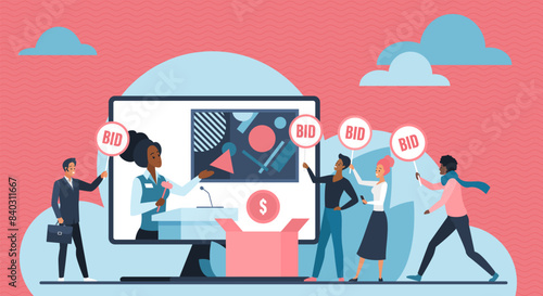 Online auction, public bidding competition process for valuable art item, price suggestion. Tiny people holding bid paddle to offer money for picture on computer screen cartoon vector illustration