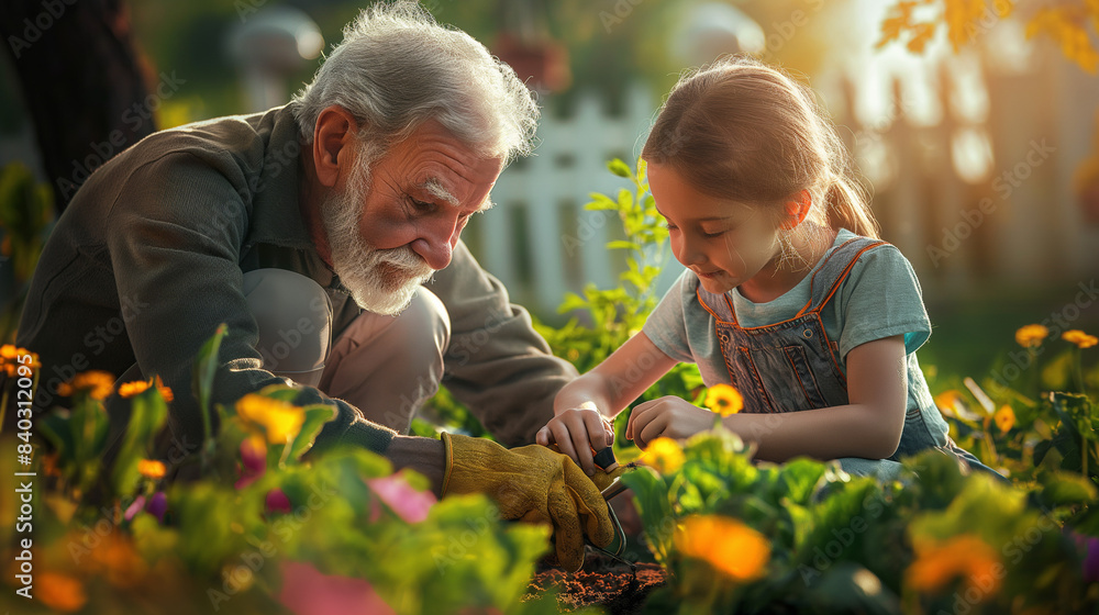 Grandfather and Granddaughter Gardening in Flower Bed for Grandparents Day Grandfather and Granddaughter Gardening in Flower Bed for Grandparents Day
