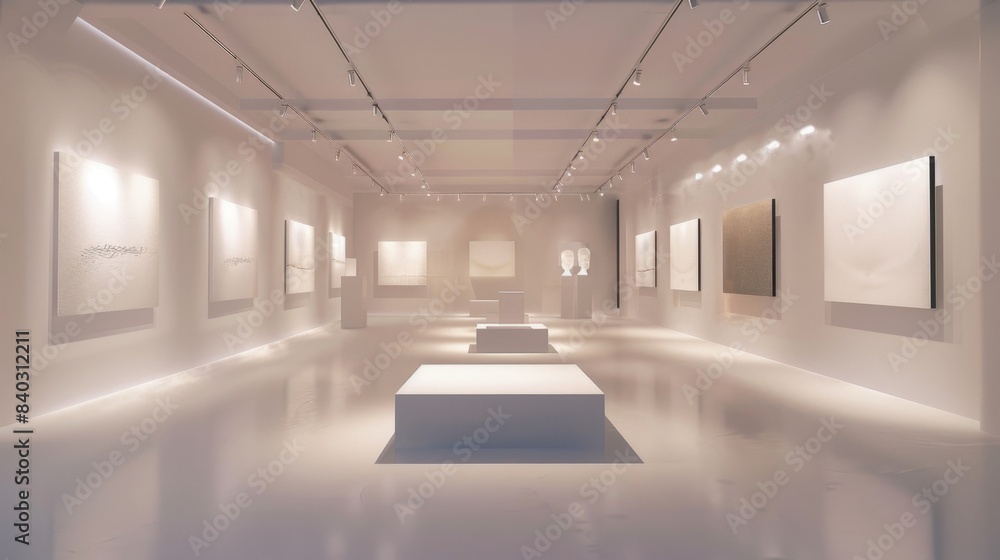 Obraz premium Modern Art Gallery Contemporary Sculpture Exhibition in Elegant Viewing Room with Soft Lighting and Blank Business Cards Luxury Interior Design Concept