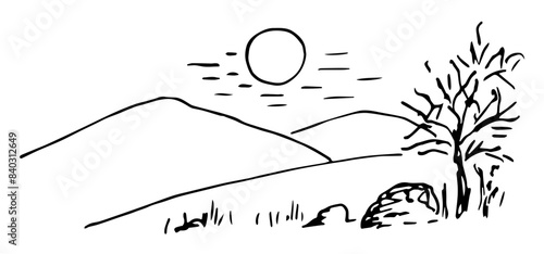 Simple vector drawing with black outline. Hot weather, wild nature. Mountains and hills, dry grass and wood, stones. Sketch in ink.