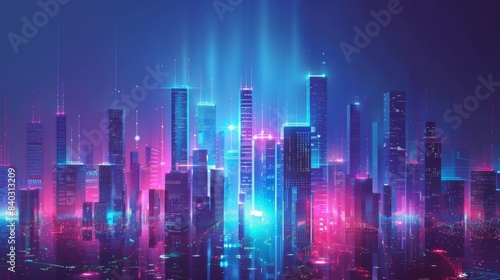 Big data connection technology. Cityscape telecommunication and communication network concept.