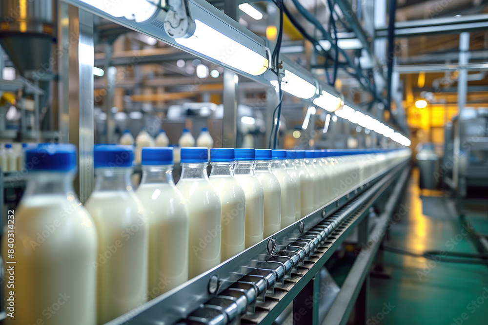 A selective focus shot of complete milk bottling line in a factory A selective focus shot of complete milk bottling line in a factory