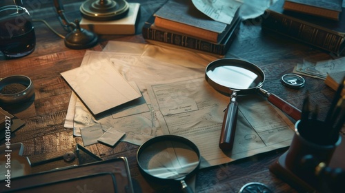 Sleuth's Sanctuary A Cluttered Desk of Clues and Mysteries Private Investigator Stock Image