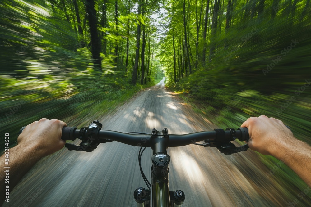 POV of cyclist riding through a lush forest trail at high speed POV of cyclist riding through a lush forest trail at high speed